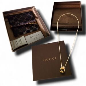 NWOT Gucci Vintage 70's Yellow Gold Double G Logo Perfume Pendant Necklace & Box